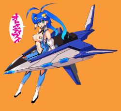 Rule 34 | 1girl, antenna hair, aoba anoa, black bow, black bowtie, blue hair, blue thighhighs, bow, bowtie, breasts, cleavage cutout, clothing cutout, detached collar, detached sleeves, green eyes, hair ornament, halterneck, japanese text, kara (color), large breasts, looking at viewer, mecha musume, no bra, open mouth, orange background, otomedius, pelvic curtain, revealing clothes, see-through, see-through skirt, simple background, skirt, smile, socks, solo, spacecraft, speech bubble, thighhighs, translated