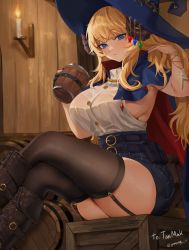 Rule 34 | 1girl, :/, absurdres, arm up, beer keg, beer mug, belt, black belt, black footwear, black garter straps, black gloves, black thighhighs, blonde hair, blue belt, blue cape, blue eyes, blue hat, blue shorts, boots, bracelet, breasts, buckle, buttons, candle, candlestand, cape, closed mouth, collared shirt, commentary, commission, crate, cross, crossed legs, cup, curled horns, english commentary, expressionless, feet out of frame, garter straps, gloves, gompang 11, hand in own hair, hat, hat ornament, high-waist shorts, highres, holding, holding cup, horns, indoors, jewelry, knee boots, large breasts, light blush, looking at viewer, mug, original, partially fingerless gloves, pouch, shirt, shorts, sideboob, sidelocks, single glove, sitting, sleeveless, sleeveless shirt, solo, striped clothes, striped shorts, taut clothes, taut shirt, thighhighs, thighs, twitter username, white shirt, witch hat, wooden wall