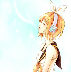 Rule 34 | 1girl, bad id, bad pixiv id, bare shoulders, blonde hair, closed eyes, detached sleeves, female focus, gradient background, hair ornament, hair ribbon, hairclip, headphones, highres, kagamine rin, komachi noe, music, open mouth, profile, ribbon, sailor collar, short hair, singing, solo, vocaloid, white background