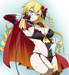 Rule 34 | 10s, 1girl, alternate costume, blonde hair, blue eyes, breasts, claire harvey, cleavage, drill hair, flower, hair flower, hair ornament, hundred (light novel), large breasts, long hair, looking at viewer, revealing clothes, solo, yoshida keiji