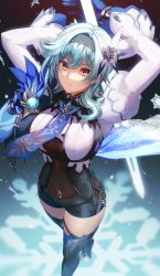 Rule 34 | 1girl, absurdres, arms behind head, arms up, asymmetrical hair, blue gloves, blue hair, bodysuit, boots, breasts, capelet, commentary request, eula (genshin impact), foot out of frame, from above, genshin impact, gloves, hair ornament, hairband, highres, holding, holding sword, holding weapon, kankitsurui (house of citrus), light blue hair, looking at viewer, looking up, medium hair, necktie, parted lips, snowflakes, solo, sword, thigh boots, thigh strap, thighhighs, vision (genshin impact), weapon, yellow eyes