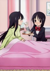 Rule 34 | 2girls, a channel, absurdres, bed, black hair, blush, feeding, food, highres, long hair, multiple girls, nishi keiko, nishi yuuko, non-web source, official art, open mouth, pajamas, red eyes, school uniform, siblings, sisters, very long hair