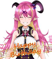 Rule 34 | 1girl, arm strap, arms behind back, asymmetrical horns, bare shoulders, birthday, blonde hair, blouse, bow, bowtie, breasts, chest harness, commentary, demon girl, demon horns, facing viewer, happy birthday, harness, highres, hololive, horns, looking at viewer, mano aloe, pointy ears, shirt, simple background, sleeveless, sleeveless shirt, smile, solo, uneven horns, vik (xypt7474), virtual youtuber, white background