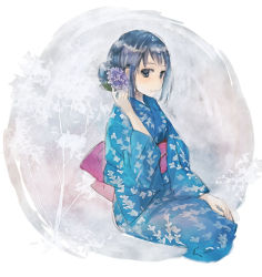 Rule 34 | 10s, 1girl, alternate hairstyle, blue eyes, blue hair, closed mouth, commentary request, floral background, flower, gradient background, hair bun, hair flower, hair ornament, hand on own thigh, hand up, hydrangea, japanese clothes, kantai collection, kimono, long sleeves, looking at viewer, matching hair/eyes, naruse chisato, obi, print kimono, purple flower, samidare (kancolle), sash, single hair bun, sitting, smile, solo, wide sleeves