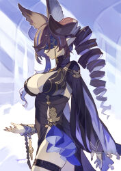 Rule 34 | 1girl, animal ears, arm at side, artist name, black dress, black nails, blindfold, breasts, brown hair, cleavage, cleavage cutout, closed mouth, clothing cutout, cowboy shot, cyenmi3, dress, drill hair, from side, galleon (granblue fantasy), galleon (life&#039;s compassionate observer) (granblue fantasy), granblue fantasy, highres, horns, large breasts, long hair, long sleeves, multicolored hair, pointy ears, sidelocks, solo, streaked hair, turtleneck