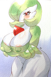 Rule 34 | 1girl, absurdres, areola slip, artist name, blue background, blush, bob cut, breasts, cleavage, closed mouth, covered erect nipples, cowboy shot, creatures (company), crossed arms, female focus, game freak, gardevoir, gen 3 pokemon, green hair, hair over one eye, half-closed eyes, happy, highres, huge breasts, looking down, nintendo, one eye covered, pokemon, pokemon (creature), red eyes, shiny skin, shirt, short hair, signature, simple background, smile, solo, standing, traditional media, two-tone background, uka (pixiv 92629239), white shirt, wide hips
