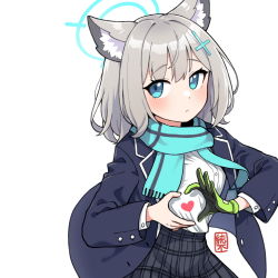 Rule 34 | 1girl, animal ear fluff, animal ears, blue archive, blue scarf, gloves, green gloves, hair ornament, halo, heart, heart hands, junsuina fujunbutsu, mismatched pupils, open clothes, plaid, plaid skirt, scarf, school uniform, shiroko (blue archive), shirt, simple background, single glove, skirt, solo, unbuttoned, white background, white shirt, x hair ornament