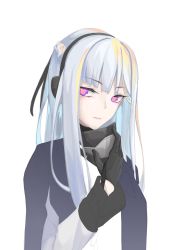 Rule 34 | 1girl, absurdres, ak-12 (girls&#039; frontline), black gloves, black ribbon, girls&#039; frontline, gloves, hair ribbon, hand up, headphones, highres, jacket, long hair, looking at viewer, mask, military, purple eyes, ribbon, silver hair, solo, white background, yueyue no hand