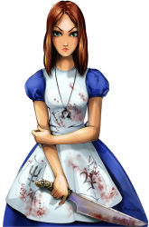 Rule 34 | alice: madness returns, alice (alice in wonderland), alice in wonderland, alice liddell (american mcgee&#039;s alice), american mcgee&#039;s alice, anna kemushi, apron, blood, green eyes, jewelry, knife, necklace, solo
