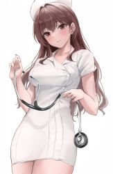 Rule 34 | 1girl, blush, breasts, brown eyes, brown hair, closed mouth, cowboy shot, dress, hat, highres, holding, holding stethoscope, large breasts, long hair, looking at viewer, nurse, nurse cap, original, po ppe, short sleeves, simple background, smile, solo, stethoscope, white background, white dress, white hat