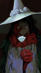 Rule 34 | 1girl, black hair, blue eyes, dark, female focus, fingernails, flower, hand on face, hat, hat flower, highres, holding, holding flower, long fingernails, long hair, looking at viewer, messy hair, original, parted lips, red pupils, red scarf, robe, scarf, sharp fingernails, shida 7, signature, solo, very long fingernails, white hat, white robe, wide-eyed, witch, witch hat