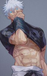 Rule 34 | 1boy, black shirt, blue eyes, clothes lift, covering own mouth, gojou satoru, guilty challenge (meme), hand in clothes, hand over own mouth, hand under clothes, hand under shirt, highres, jujutsu kaisen, looking at viewer, male focus, meme, muscular, muscular male, scar, scar on arm, scar on stomach, scars all over, shirt, short hair, too many, scars all over, tsukushi (kaori0331), white hair
