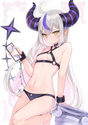 Rule 34 | 1girl, ahoge, breasts, cellphone, cuffs, highres, holding, holding phone, hololive, horns, la+ darknesss, long sleeves, looking at viewer, multicolored hair, navel, o-ring, o-ring top, panties, phone, pointy ears, purple hair, purple panties, shackles, silver hair, simple background, small breasts, solo, streaked hair, striped horns, underwear, underwear only, virtual youtuber, white background, yellow eyes, yuzukicture