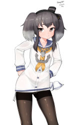 Rule 34 | 1girl, absurdres, anchor, black hair, black pantyhose, blue sailor collar, brown eyes, chain, cowboy shot, dated, dress, hands in pockets, hat, highres, kantai collection, looking at viewer, maru (marg0613), mini hat, neckerchief, pantyhose, sailor collar, sailor dress, seamed legwear, shirt, short hair, short hair with long locks, side-seamed legwear, sidelocks, simple background, smokestack hair ornament, solo, thighband pantyhose, tied shirt, tokitsukaze (kancolle), twitter username, white background, yellow neckerchief
