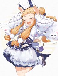 Rule 34 | 1girl, :d, ^ ^, absurdres, animal ears, arms up, blue footwear, blush, brown hair, closed eyes, commentary request, double bun, dress, fake animal ears, forehead, fur-trimmed sleeves, fur trim, hair bun, highres, ichihara nina, idolmaster, idolmaster cinderella girls, long hair, long sleeves, obi, open mouth, rabbit ears, rabbit pose, sandals, sash, simple background, smile, socks, solo, standing, standing on one leg, thick eyebrows, very long hair, white background, white dress, white socks, wide sleeves, yukie (kusaka shi), zouri