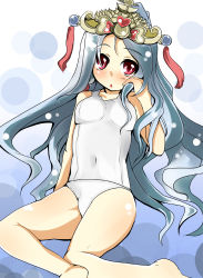 Rule 34 | blue hair, crown, highres, lakshmi (lord of vermilion), long hair, lord of vermilion, one-piece swimsuit, red eyes, school swimsuit, shi ecchi, swimsuit, white school swimsuit, white one-piece swimsuit