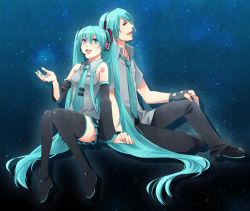Rule 34 | 1boy, 1girl, aqua eyes, aqua hair, bad id, bad pixiv id, boots, celestial s, couple, detached sleeves, dual persona, fingerless gloves, genderswap, genderswap (ftm), gloves, hatsune miku, hatsune mikuo, headset, hetero, legs, long hair, necktie, skirt, smile, thigh boots, thighhighs, twintails, very long hair, vocaloid