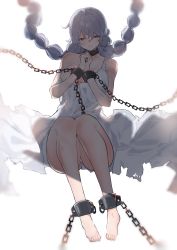 Rule 34 | 1girl, avrora (azur lane), avrora (shackled saule) (azur lane), azur lane, bad id, bad pixiv id, bare shoulders, blue eyes, blush, braid, breasts, chain, closed mouth, cuffs, dress, hair between eyes, highres, kukikomori, large breasts, long hair, looking at viewer, restrained, shackles, solo, torn clothes, torn dress, twin braids, very long hair, white dress