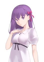 Rule 34 | 1girl, bad id, bad pixiv id, black ribbon, bow, collarbone, dress, fate/stay night, fate (series), hair between eyes, hair bow, highres, jilu, long hair, looking at viewer, matou sakura, official alternate costume, parted lips, purple eyes, purple hair, red bow, rei no himo, ribbon, short sleeves, simple background, solo, standing, sundress, upper body, white background, white dress