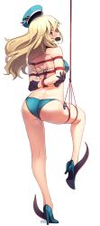 Rule 34 | 1girl, absurdres, arms behind back, ass, atago (kancolle), back, bare back, bare legs, bare shoulders, bdsm, bikini, black gloves, blonde hair, blue bikini, blue footwear, blue hat, blush, bondage, bound, bound arms, bound legs, breasts, bright pupils, dimples of venus, from behind, full body, gag, gagged, gloves, green eyes, hat, high heels, highres, kaddo, kantai collection, leg up, long hair, looking at viewer, looking back, medium breasts, sailor hat, shibari, signature, simple background, skindentation, solo, standing, standing on one leg, sweat, swimsuit, underboob, white background