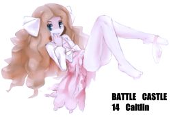 Rule 34 | 1girl, bad id, bad pixiv id, blue eyes, caitlin (pokemon), character name, creatures (company), dress, eyebrows, frontier brain, full body, game freak, grin, hair ribbon, hand to own mouth, jacket, knees together feet apart, light brown hair, long hair, long sleeves, nintendo, nyonn24, panties, panties around leg, pantyhose, parted bangs, pink dress, pokemon, pokemon dppt, pokemon platinum, ribbon, simple background, smile, solo, text focus, underwear, very long hair, white background, white jacket, white panties, white pantyhose, white ribbon