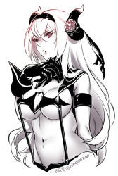 Rule 34 | 10s, 1girl, abyssal ship, air defense princess, artist name, black gloves, breasts, cleavage, colored skin, commentary request, cowboy shot, gloves, hair ribbon, hip focus, horns, kantai collection, ko-on (ningen zoo), large breasts, long hair, monochrome, navel, pout, red eyes, revealing clothes, ribbon, solo, suspenders, twitter username, underboob, upper body, white hair, white skin