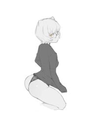 Rule 34 | 1girl, ass, closed mouth, clothes grab, cropped legs, glaring, glasses, half-closed eyes, highres, leaning back, liren44, looking at viewer, monochrome, no pants, orange eyes, original, panties, profile, round eyewear, short hair, sideways glance, simple background, sketch, sleeves past wrists, solo, spot color, sweater, thong, underwear, unfinished, white background