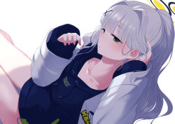 Rule 34 | 1girl, blue archive, blunt bangs, collarbone, drawstring, green eyes, hair intakes, hair ornament, halo, hare (blue archive), hood, hoodie, long hair, looking at viewer, mishima hiroji, partially unzipped, ponytail, silver hair, simple background, sitting, sleeves past wrists, solo, white background, x hair ornament