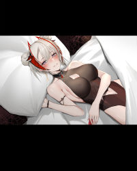 Rule 34 | 1girl, absurdres, alternate hairstyle, anming, arknights, arm strap, bare shoulders, bed sheet, black leotard, blanket, blush, breasts, cleavage cutout, clothing cutout, commentary request, covered erect nipples, double bun, earrings, hair bun, highleg, highleg leotard, highres, horns, jewelry, large breasts, leotard, looking at viewer, lying, navel, navel cutout, on back, on bed, parted lips, pillow, purple eyes, short hair, smile, solo, w (arknights), wristband
