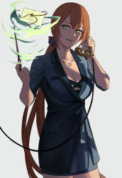 1girl, blazer, blue jacket, blue suit, breasts, cleavage, collarbone, eyebrows visible through hair, formal, girls frontline, green eyes, hair ribbon, highres, holding, holding phone, holding wand, jacket, jewelry, letter, long hair, looking at viewer, m1903 springfield (girls frontline), necklace, orange hair, phone, ponytail, ribbon, silayloe, smile, solo, standing, suit, wand, white background, witch