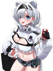 Rule 34 | 1girl, :d, animal ears, arknights, aurora (arknights), bear ears, black gloves, black hairband, blue eyes, blush, breasts, can, cleavage, coca-cola, cooler, cowboy shot, crop top, drink can, extra ears, eyes visible through hair, gloves, grey hair, grey shorts, hair ornament, hair over one eye, hairband, hairclip, highres, holding, holding can, hood, hood down, ice, ice cube, kasasasagi, large breasts, long hair, long sleeves, looking at viewer, navel, open mouth, puffy long sleeves, puffy sleeves, short shorts, shorts, simple background, smile, soda can, solo, stomach, unzipped, very long hair, white background