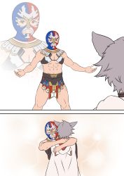 Rule 34 | 2boys, abs, absurdres, animal ears, brown eyes, cloak, comic, erune, expressionless, closed eyes, gran (granblue fantasy), granblue fantasy, haido (ryuuno kanzume), highres, hood, hooded cloak, hug, luchador (granblue fantasy), luchador mask, multiple boys, muscular, outstretched arms, seox (granblue fantasy), silent comic, silver hair, simple background, spread arms, white background