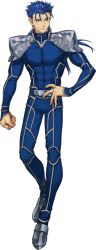 Rule 34 | 1boy, blue bodysuit, blue hair, bodysuit, closed mouth, cu chulainn (fate), cu chulainn (fate/stay night), earrings, fate/samurai remnant, fate/stay night, fate (series), hair strand, hand on own hip, jewelry, long hair, looking at viewer, male focus, official art, ponytail, red eyes, smile, solo, spiked hair, transparent background, wataru rei