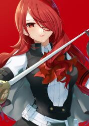 Rule 34 | 1girl, armband, black vest, collared shirt, edamameoka, gekkoukan high school uniform, hair over one eye, highres, holding, holding sword, holding weapon, kirijou mitsuru, light smile, long hair, looking at viewer, persona, persona 3, persona 3 reload, rapier, red armband, red background, red eyes, red hair, school uniform, shirt, solo, sword, upper body, vest, weapon, white shirt