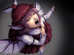 Rule 34 | 1girl, animal ears, closed eyes, dress, from above, gradient background, hand on own chest, hat, long sleeves, music, mystia lorelei, open mouth, pink hair, short hair, singing, solo, teeth, thighhighs, tongue, touhou, tripleeight, white thighhighs, winged hat, wings, zettai ryouiki