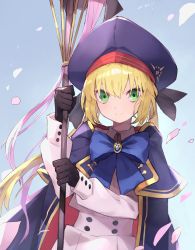 Rule 34 | 1girl, artoria caster (fate), artoria caster (second ascension) (fate), artoria pendragon (fate), blonde hair, blush, commentary request, fate/grand order, fate (series), gloves, green eyes, gyuu kaku (gyu400), hair between eyes, hat, highres, holding, holding staff, long hair, long sleeves, looking at viewer, smile, solo, staff, upper body