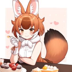 Rule 34 | 1girl, animal ears, bare shoulders, blush, brown eyes, brown shirt, brown skirt, cake, dhole (kemono friends), dog ears, dog girl, dog tail, extra ears, food, fruit, fulugure train, gloves, hair between eyes, heart, kemono friends, light brown hair, looking at viewer, multicolored hair, pleated skirt, shirt, short hair, sidelocks, skirt, sleeveless, smile, solo, spoon, strawberry, table, tail, two-tone shirt, white gloves, white hair, white shirt, yellow eyes