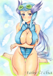 Rule 34 | 10s, 1girl, bare shoulders, barefoot, blue eyes, blue hair, blush, breast hold, breasts, cleavage, cleavage cutout, clothing cutout, creatures (company), female focus, front zipper swimsuit, game freak, gym leader, large breasts, long hair, looking at viewer, marker (medium), matching hair/eyes, meme attire, nintendo, one-piece swimsuit, pokemon, pokemon oras, ponytail, purple eyes, purple hair, sitting, solo, swimsuit, takecha, thigh gap, traditional media, very long hair, wariza, winona (pokemon)