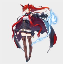 Rule 34 | 1girl, belt, belt skirt, black skirt, black thighhighs, blue eyes, boots, brown footwear, capelet, closed mouth, expressionless, floating hair, full body, grey background, headgear, high-waist skirt, holster, long hair, looking at viewer, original, outstretched arm, poco (asahi age), ponytail, red hair, sidelocks, simple background, skirt, solo, standing, thigh boots, thighhighs