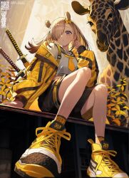 Rule 34 | 1girl, artist name, black shorts, blonde hair, bow, breasts, brown eyes, edajima denki, giraffe, hair over one eye, highres, jacket, long hair, long sleeves, looking at viewer, necktie, open clothes, open jacket, original, parted lips, plant, sheath, shirt, shoes, shorts, sitting, small breasts, sneakers, solo, sword, weapon, white shirt, yellow bow, yellow footwear, yellow jacket, yellow necktie