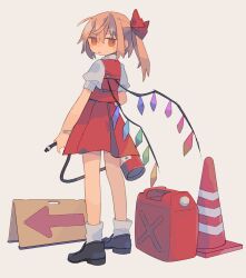 Rule 34 | 1girl, arrow (symbol), bad id, bad tumblr id, bandaid, bandaid on arm, bow, crystal, daizu (melon-lemon), fire extinguisher, flandre scarlet, from behind, full body, grey background, grey footwear, hair bow, high-waist skirt, highres, holding, jerry can, jitome, light brown hair, loafers, looking at viewer, looking back, medium hair, no headwear, no sclera, one side up, orange eyes, parted lips, puffy short sleeves, puffy sleeves, red bow, red skirt, red vest, shirt, shoes, short sleeves, sign, simple background, skirt, skirt set, socks, solo, standing, sweatdrop, touhou, traffic cone, vest, white shirt, white socks, wings