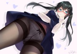 Rule 34 | 1girl, 3:, absurdres, aqua eyes, black hair, black pantyhose, blush, bow, bow panties, breasts, closed mouth, clothes lift, commentary request, dress, embarrassed, extended upskirt, from below, glasses, gusset, hair between eyes, hair ornament, hairclip, heart, highres, legs apart, lifting own clothes, long hair, long sleeves, looking at viewer, medium breasts, mirea, mole, mole under eye, navel, original, panties, panties under pantyhose, pantyhose, pleated skirt, red-framed eyewear, semi-rimless eyewear, shadow, signature, simple background, skirt, skirt lift, solo, striped clothes, striped panties, thighband pantyhose, twintails, under-rim eyewear, underwear, upskirt, vertical-striped clothes, vertical-striped panties, white panties