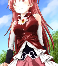 Rule 34 | 1girl, bare shoulders, blue sky, blush, cloud, cloudy sky, commentary request, detached sleeves, dress, from below, knives (knives777), light smile, long hair, mahou shoujo madoka magica, mahou shoujo madoka magica (anime), outdoors, pink skirt, pleated skirt, red dress, red eyes, red hair, sakura kyoko, skirt, sky, sleeveless, sleeveless dress, solo, very long hair, white skirt