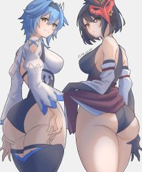 Rule 34 | 2girls, absurdres, akazuan 19, ass, ass focus, black hair, blue hair, breasts, cowboy shot, eula (genshin impact), from behind, genshin impact, hairband, highres, kujou sara, leotard, long sleeves, looking at viewer, looking back, mask, mask on head, medium breasts, multiple girls, short hair, sideboob, simple background, thick thighs, thighhighs, thighs, white background, yellow eyes