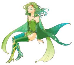 Rule 34 | 1girl, aged up, breasts, cleavage, closed mouth, detached sleeves, earrings, final fantasy, final fantasy iv, full body, green hair, highres, jewelry, long hair, looking at viewer, rydia (ff4), simple background, smile, solo, thighhighs, white background