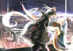 Rule 34 | 2girls, ameru.miro, artist name, bad id, bad pixiv id, blue dress, blue hair, boots, bow, breasts, building, city, city lights, cityscape, couple, dancing, dress, closed eyes, female focus, floating, footwear bow, from behind, fujiwara no mokou, grey hair, hair bow, hat, high heels, holding hands, kamishirasawa keine, leaning back, leg hold, leg up, light trail, long hair, long sleeves, looking at another, multicolored hair, multiple girls, night, night sky, ponytail, red footwear, scenery, shoes, shooting star, signature, sky, suspenders, touhou, tower, two-tone hair, very long hair, white hair