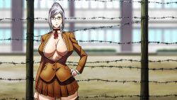 Rule 34 | 1girl, anime screenshot, breasts, cleavage, glasses, grey hair, hair bun, hand on own hip, highres, huge breasts, lipstick, looking at viewer, makeup, mature female, no bra, open clothes, prison school, screencap, shiraki meiko, single hair bun, skirt, solo, thick thighs, thighhighs, thighs, unbuttoned