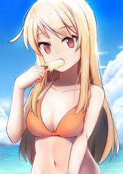 Rule 34 | 1girl, absurdres, artist request, bikini, blonde hair, blue sky, breasts, cleavage, cloud, commentary request, day, food, food in mouth, hand up, highres, long hair, looking at viewer, melting, navel, ocean, orange bikini, outdoors, popsicle, red eyes, sakura-sou no pet na kanojo, shiina mashiro, sky, solo, swimsuit, upper body