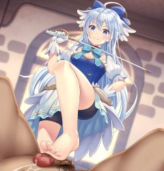 Rule 34 | 1girl, absurdres, ahoge, alternate hair length, alternate hairstyle, antenna hair, arms up, asisuki, barefoot, bike shorts, black shorts, blue dress, blue eyes, blue hair, blush, breasts, censored, commentary request, commission, cum, cum on body, dress, feet, footjob, gloves, hair ornament, hetero, highres, indoors, long hair, looking at viewer, magical girl, male pubic hair, mosaic censoring, official alternate costume, penis, pixiv commission, princess connect!, pubic hair, puffy short sleeves, puffy sleeves, ribbon, short shorts, short sleeves, shorts, skirt, small breasts, smile, smug, soles, solo focus, standing, thighs, toes, tomo (magical girl) (princess connect!), tomo (princess connect!), very long hair, white gloves, white skirt
