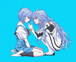Rule 34 | 1girl, absurdres, antenna hair, arms between legs, ayanami rei, black socks, blue background, blue hair, bodysuit, closed mouth, evangelion: 3.0+1.0 thrice upon a time, film grain, highres, blue background, long hair, looking at another, multiple persona, neon genesis evangelion, open mouth, plugsuit, rebuild of evangelion, red eyes, red ribbon, ribbon, shiren (ourboy83), short hair, simple background, socks, squatting, turtleneck, white bodysuit, white footwear